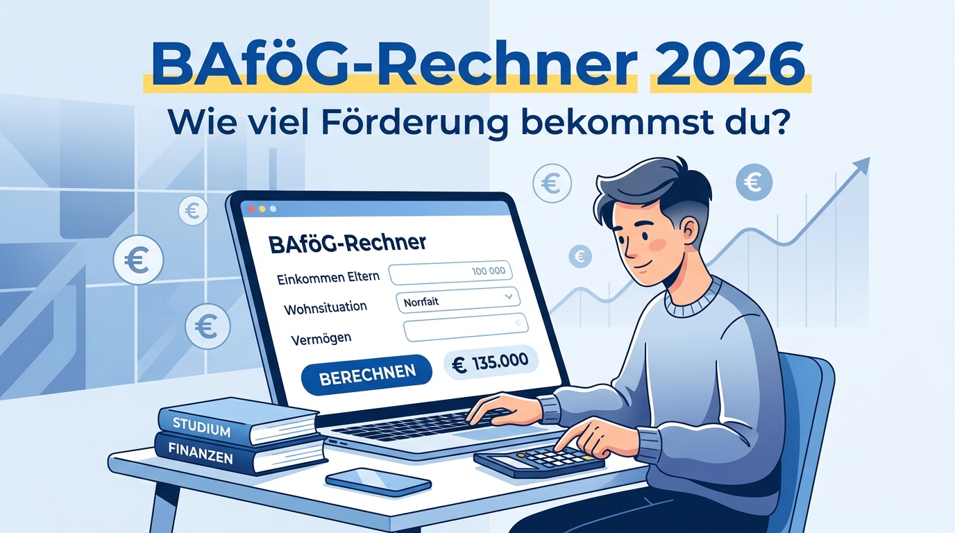 BAföG-Rechner 2026: Anspruch, Höchstsatz & Freibeträge in 2 Minuten berechnen 1 Du betrachtest gerade BAföG-Rechner 2026: Anspruch, Höchstsatz & Freibeträge in 2 Minuten berechnen