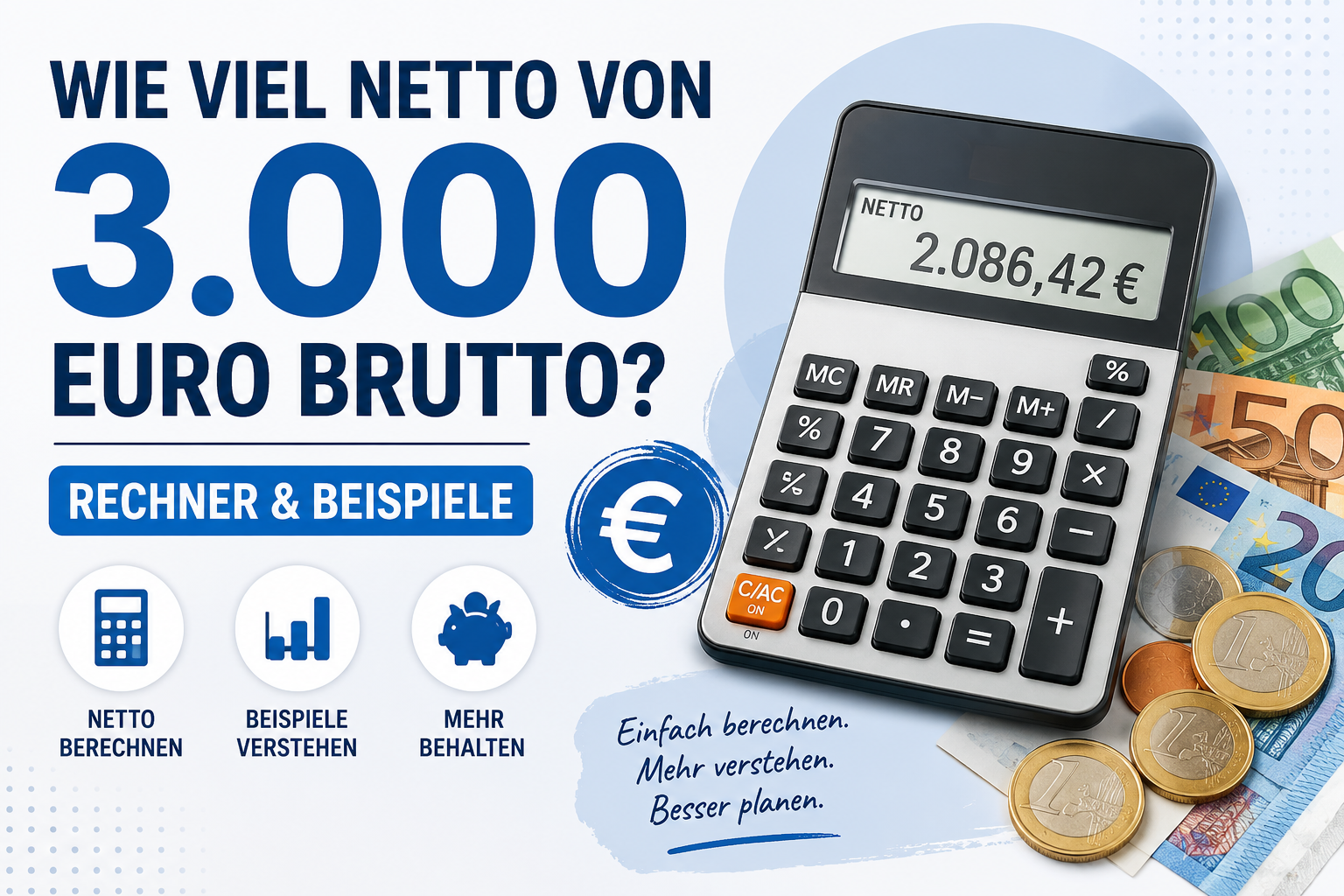 Wie viel Netto von 3.000 Euro Brutto? – Rechner & Beispiele 2026 1 Du betrachtest gerade Wie viel Netto von 3.000 Euro Brutto? – Rechner & Beispiele 2026