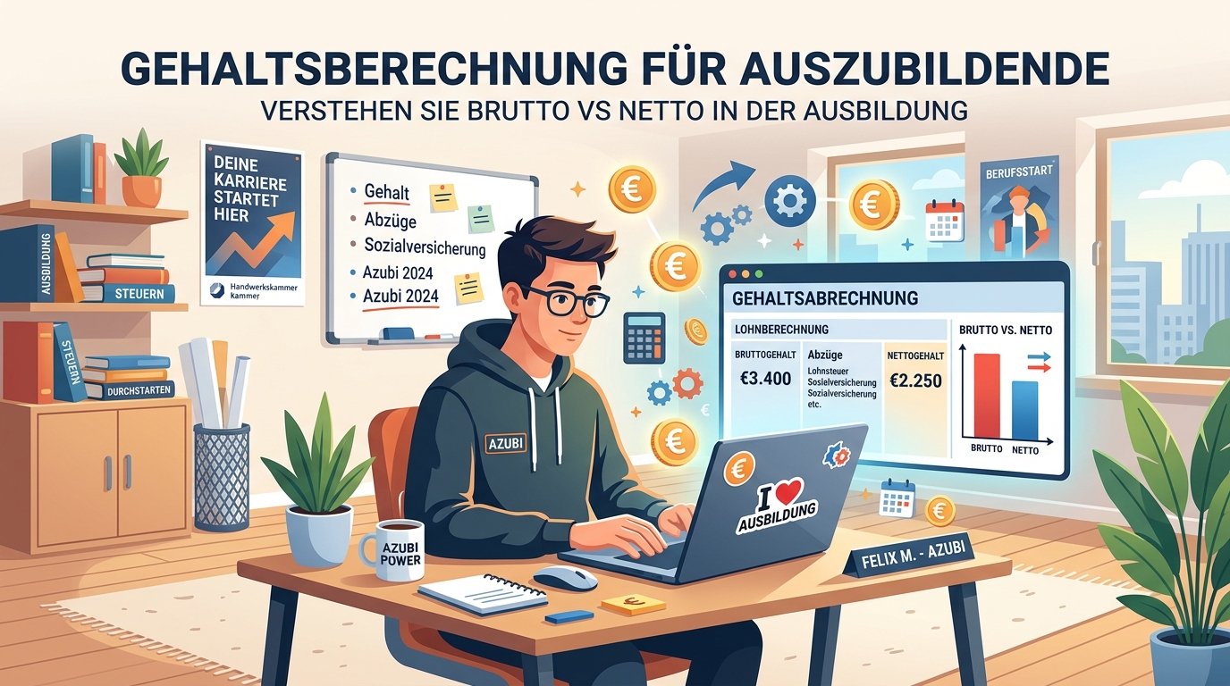 Ausbildungsvergütung Netto-Rechner 2026: So viel bleibt wirklich von deinem Azubi-Gehalt 1 Du betrachtest gerade Ausbildungsvergütung Netto-Rechner 2026: So viel bleibt wirklich von deinem Azubi-Gehalt