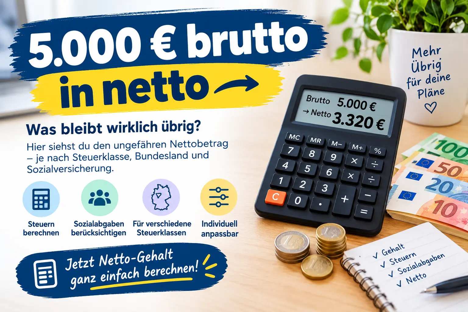 Du betrachtest gerade 5.000 € brutto in netto 2026: Was bleibt wirklich übrig?
